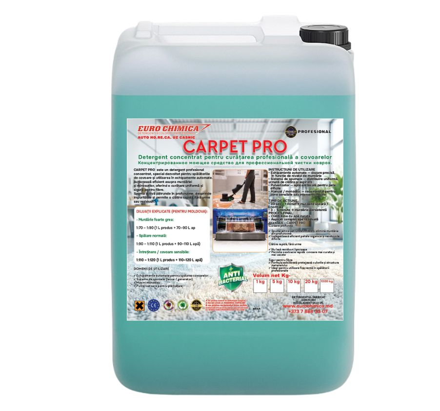 Detergent profesional pentru covoare. Curățare profundă, consum redus, fără reziduuri. Ideal pentru spălătorii covoare – CARPET PRO.